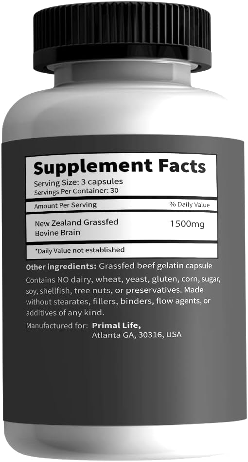Primal Being Grassfed Beef Brain, Supports Memory, Mood, Focus, Energy, Cognitive Health - 90 Capsules, 1500mg per Serving