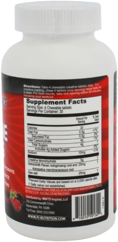 PERFORMANCE INSPIRED Nutrition Creatine Chew – 5g Creatine Monohydrate – Supports Muscle Growth & Recovery – Berry Blast Flavor – 120 Count