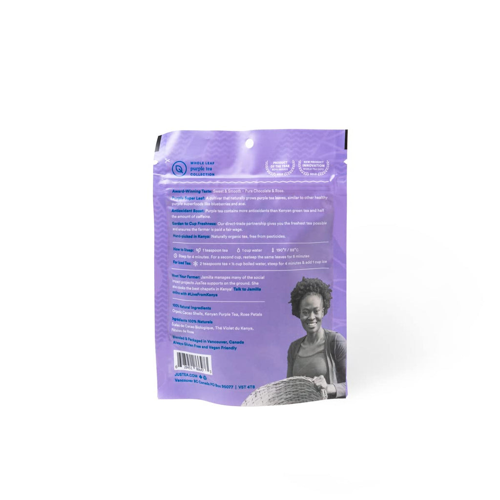 JusTea PURPLE CHOCOLATE | Loose Leaf Purple Tea | Recyclable Refill Pouch | 160+ Cups (14.1oz) | Very Low Caffeine | Award-Winning | Fair Trade | Non-GMO