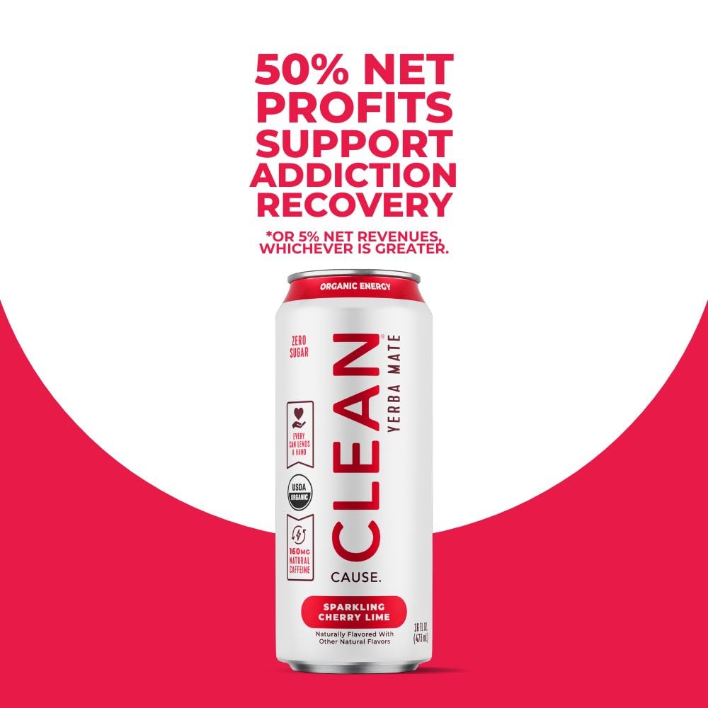 CLEAN Cause Zero Sugar Cherry Lime Yerba Mate Tea Sparkling, USDA Organic Energy Drink Alternative, Zero Calorie, 160mg Natural Caffeine, Soda Alternative, Plant-Based (16oz cans, 12-Pack Case)