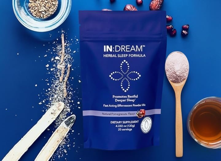 in Dream - Natural Sleep Aid Powder Drink Mix Herbal Adaptogen & Antioxidant Blend – Natural Night Sleep Drink for Deep Sleep, Relaxation & Recovery – Pomegranate Flavor, 20 Servings