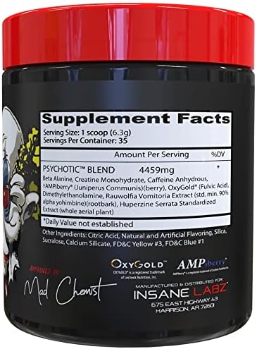 Insane Labz Psychotic, High Stimulant Pre Workout Powder, Extreme Lasting Energy, Focus and Endurance with Beta Alanine, Creatine Monohydrate DMAE, 35 Srvgs (Apple)