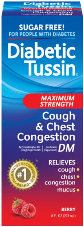 Diabetic Tussin DM Max Strength Cough & Chest Congestion Relief, Safe for Diabetics, Berry Flavored, 8 fl oz. (Pack of 1)