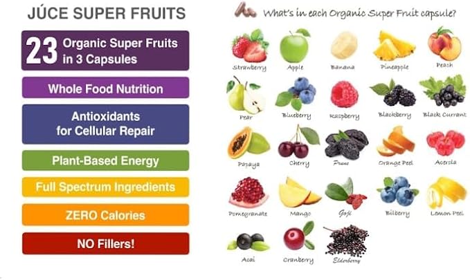 Juce Original Formula - Organic Super Fruit & Veggies Supplement - Gluten/Gelatin Free, Soy Free & Vegan- Reds & Greens Superfood Capsules- 23 Fruits & 23 Vegetables (180 Count)- By Terra Kai Organics