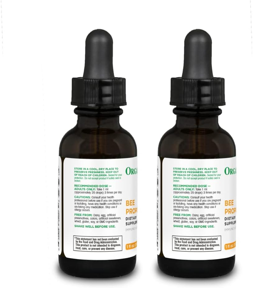 Organika Bee Propolis Tincture 1 oz x 2 Pack: Clean and Vegan Propolis Extract for Immune Defenses, Throat, and Breath - Free of Gluten, GMO, & Artificial Flavors - 20 Day Prop Drops Supply