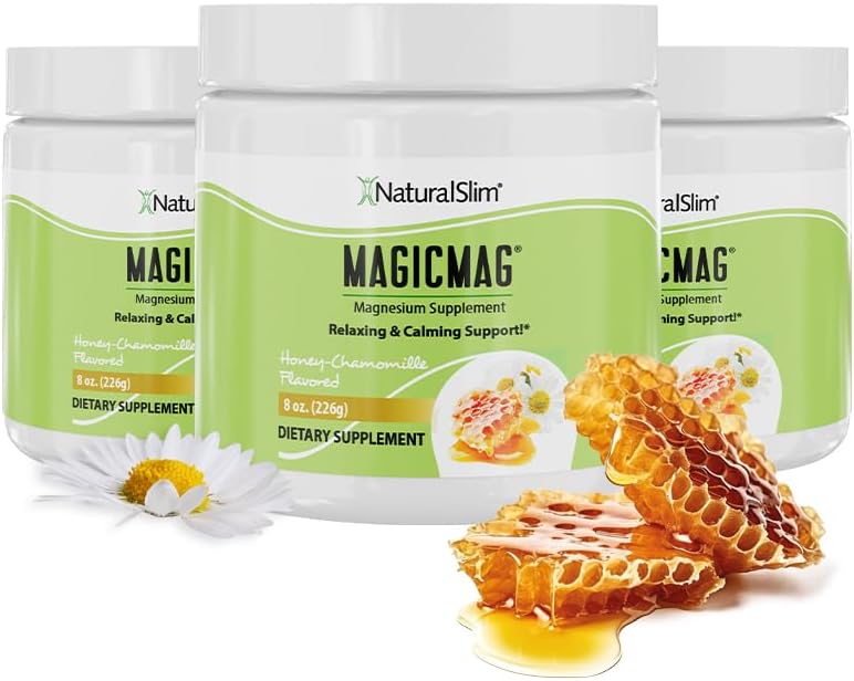 NaturalSlim Magicmag Pure Magnesium Citrate Powder Stress, Constipation, Muscle, Heart Health, and Sleep Support | Honey Chamomile Flavored Magnesium Supplement - 8oz Drink Mix (3 Pack)