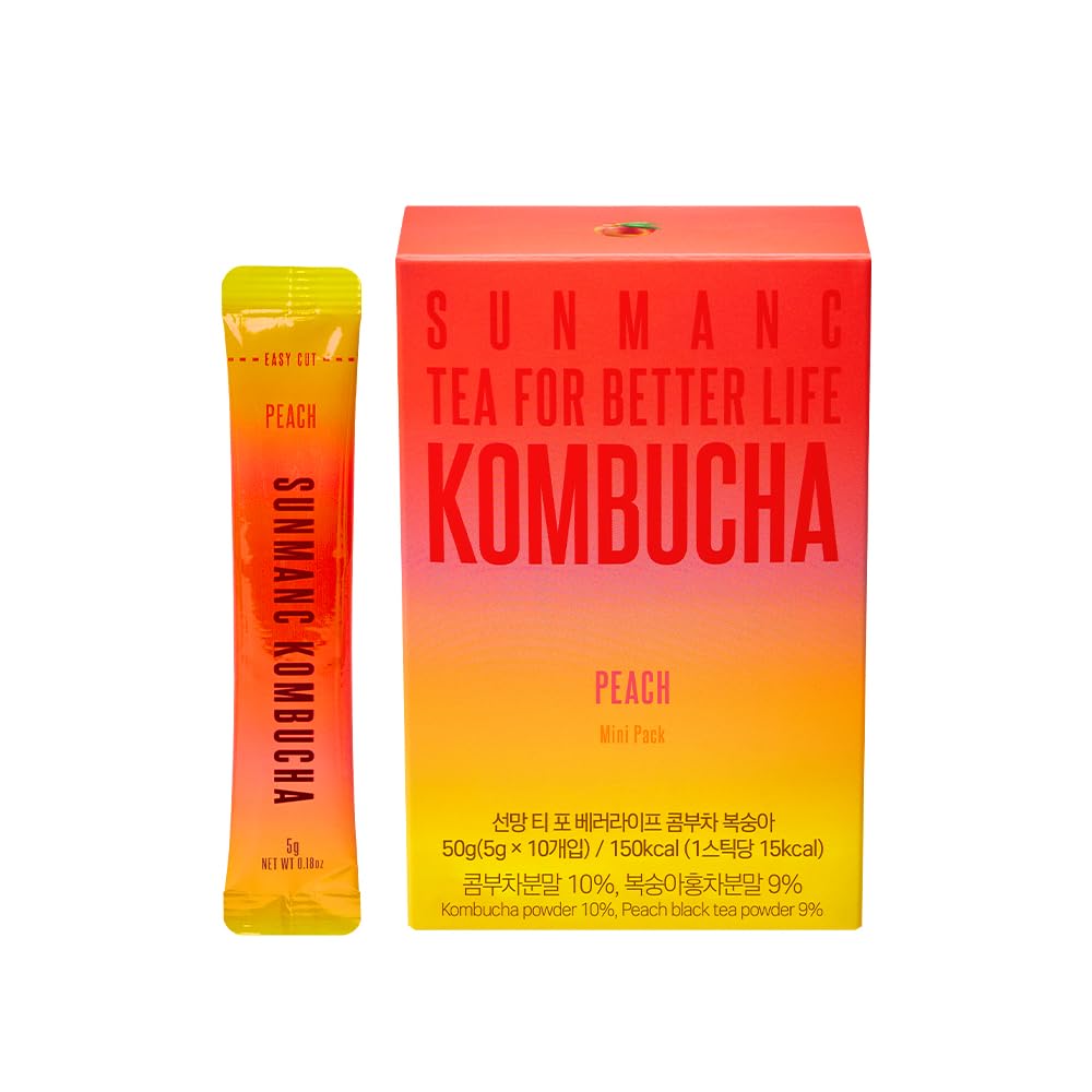SUNMANC Kombucha 10 packets, Sparkling Probiotic Fermented Drink, Convenient Powdered Drink Mix, Tea Powder, Low Calories, Sugar 0g, Low Caffeine (Peach)
