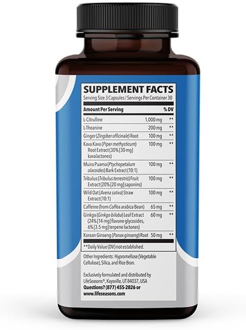 LifeSeasons Nitro-T - Men's Performance Support Supplement - Enhance Stamina & Energy - Promote Healthy Blood Circulation - L-Citrulline L-Theanine Tribulus Ginger Kava & Caffeine - 90 Capsules