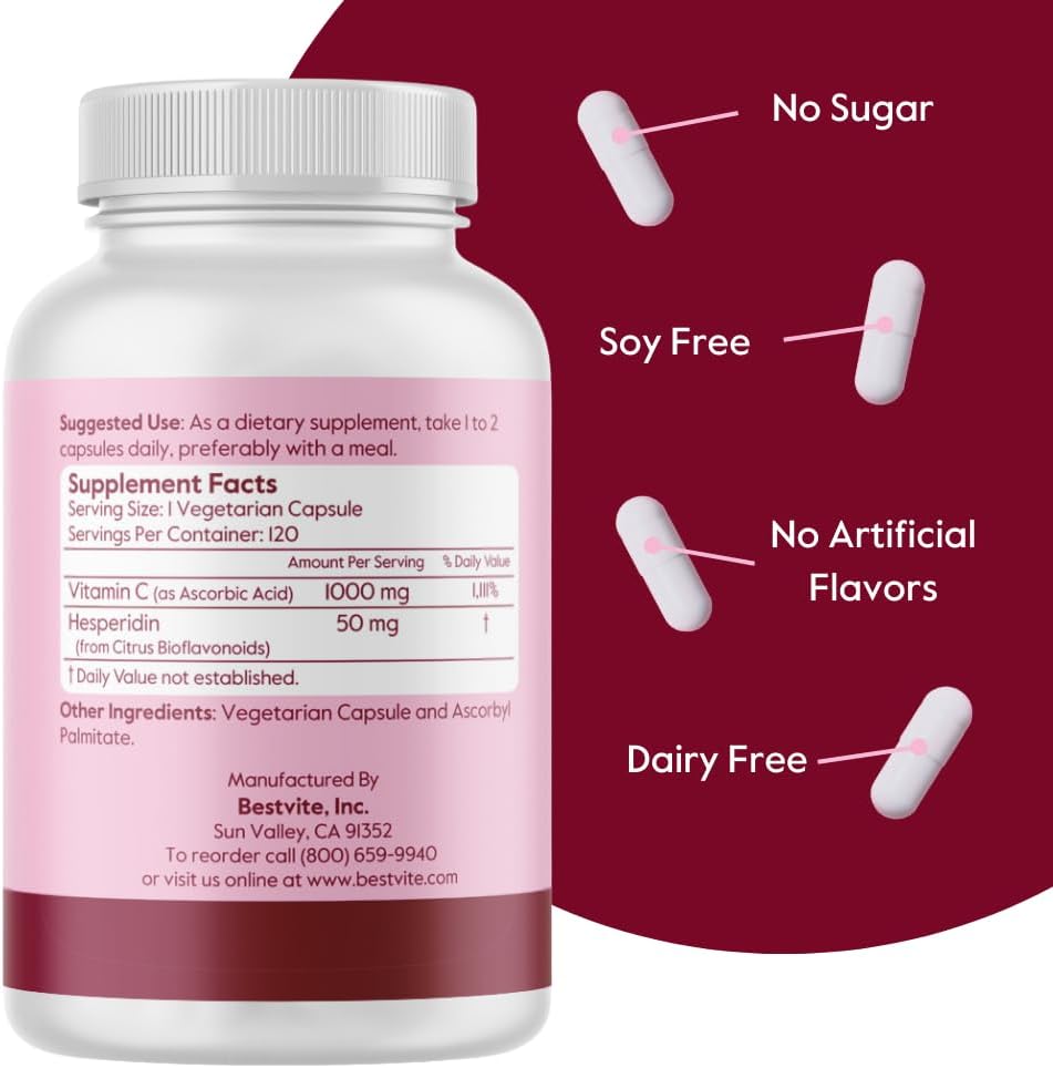 BESTVITE Vitamin C 1000mg (360 Vegetarian Capsules) (120 x 3) with Citrus Bioflavinoids - No Stearates - Vegan - Non GMO - Gluten Free
