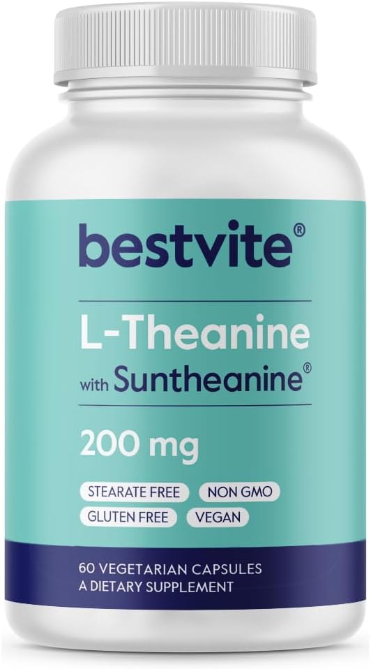 BESTVITE L-Theanine 200mg with Patented and Clinically Studied Suntheanine (60 Vegetarian Capsules) - No Stearates - Vegan - Non GMO - Gluten Free