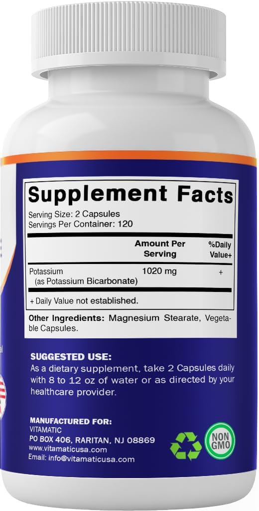 Vitamatic Potassium Supplement, 1020 mg, 240 Vegtable Capsules - Non-GMO - Gluten Free - Made in USA