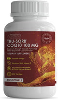 Tru-Sorb Natural COQ10 100mg: 30 Softgels - Supplement with Naturally Fermented 100% High-Potency Coenzyme q10 Ubiquinone, Vitamin E, 6X Ultra high Absorption for Cellular & Heart Health Support