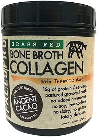 PaleoPro Bone Broth Collagen Protein Powder - Turmeric Root Grass-Fed Collagen Powder for Skin & Bones - Gluten Free, No Sugar, Soy, Grains, Net Carbs - Paleo & Keto Friendly 20 Servings Ancient Cacao