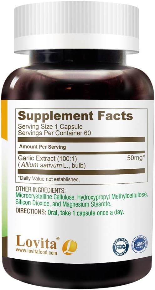 LOVITA Odorless Garlic Capsules, 5000mg Fresh Garlic Equivalent, 1.25% Allicin Extract, Supports Heart, Blood Pressure, Cholesterol & Immune System, Non-GMO, Gluten-Free, 60 Vegan Capsules