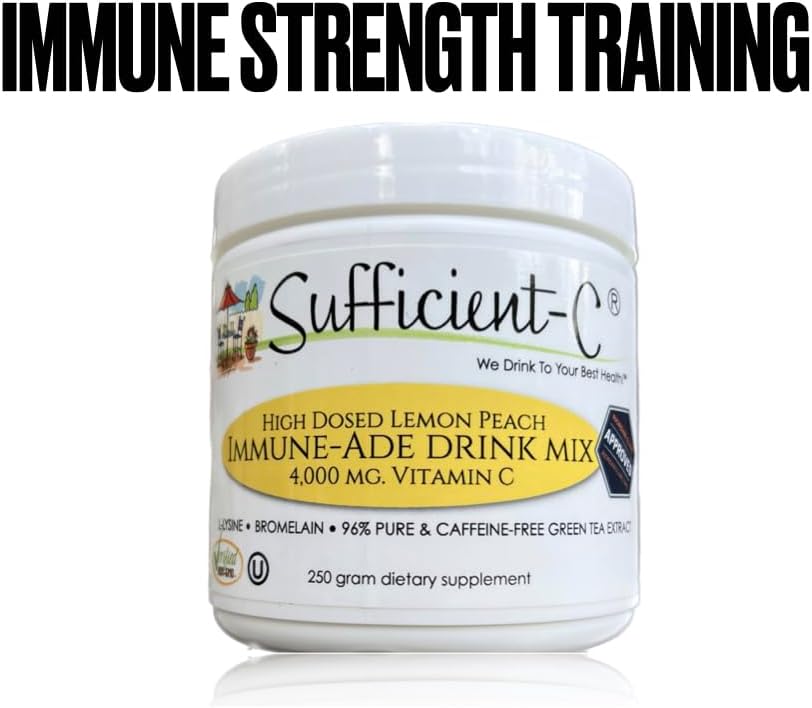 Sufficient-C High-Dosed 4000 mg. Vitamin C Lemon Peach Immune-Ade Drink Mix 250 gram Size - Refreshing with Generously Dosed L-lysine, Bromelain & 96% Pure, Caffeine-Free Green Tea Extract