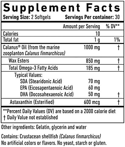 Marine Oil Supplement - All Natural Calanus Oil, Astaxanthin, Omega-3 and Fatty Acids - Heart and Brain Health Nutritional Supplements