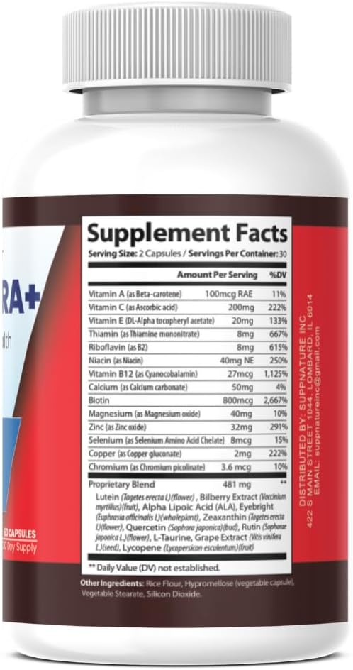 VisionUltra+ Eye Support Supplement Premium Blend*, Vision Ultra+ Capsules Eye Formula with Lutein, Beta-Carotene, Vitamin B12 and Zinc (60 Capsules)
