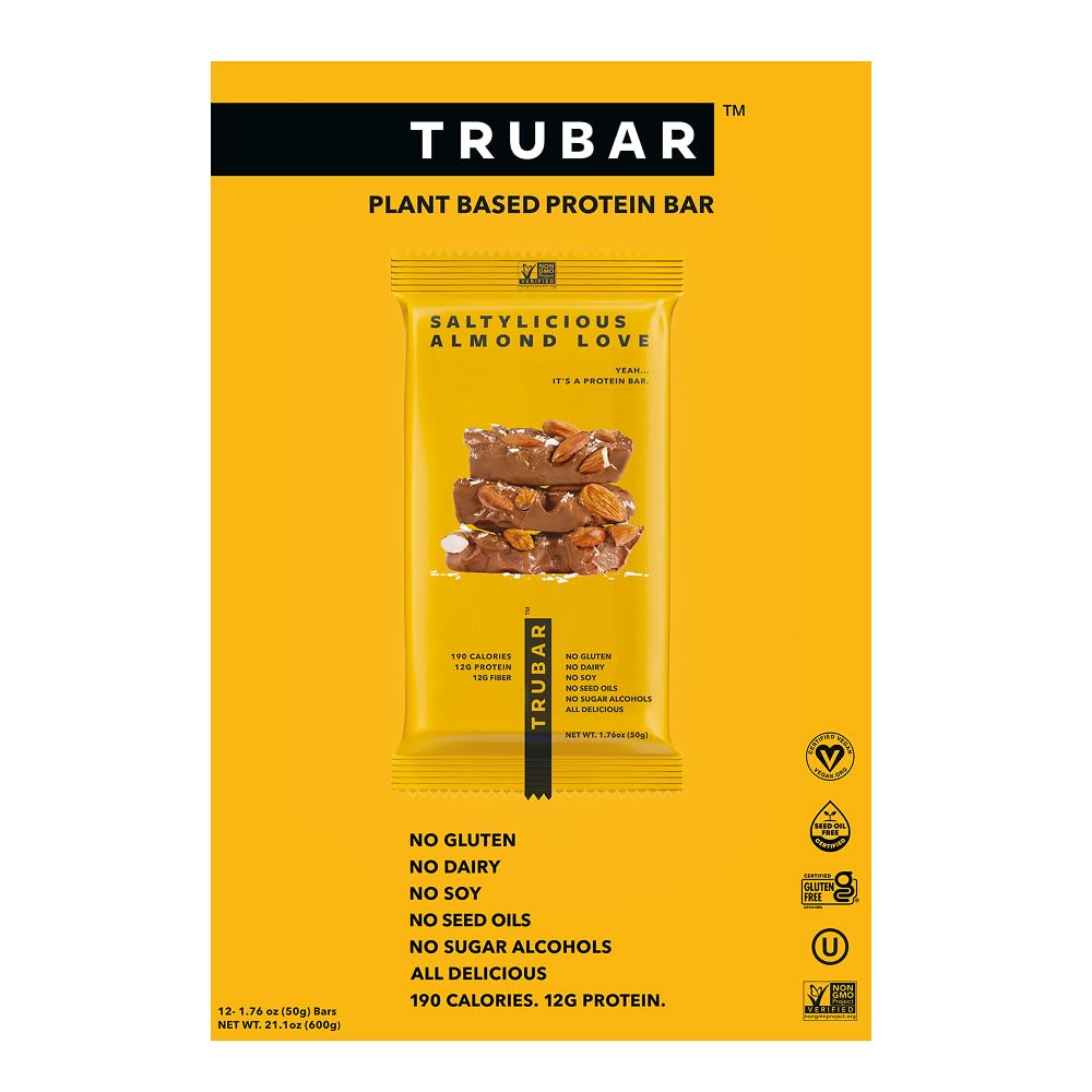 TRUBAR Vegan Protein Bar, Saltylicious Almond Love, Gluten Free, Plant Based, High Fiber, Dairy Free, Low Fat, Non GMO, No Sugar Alcohols, 12G Lean Protein, 13G Fiber, Healthy Snack Bars, 12 CT