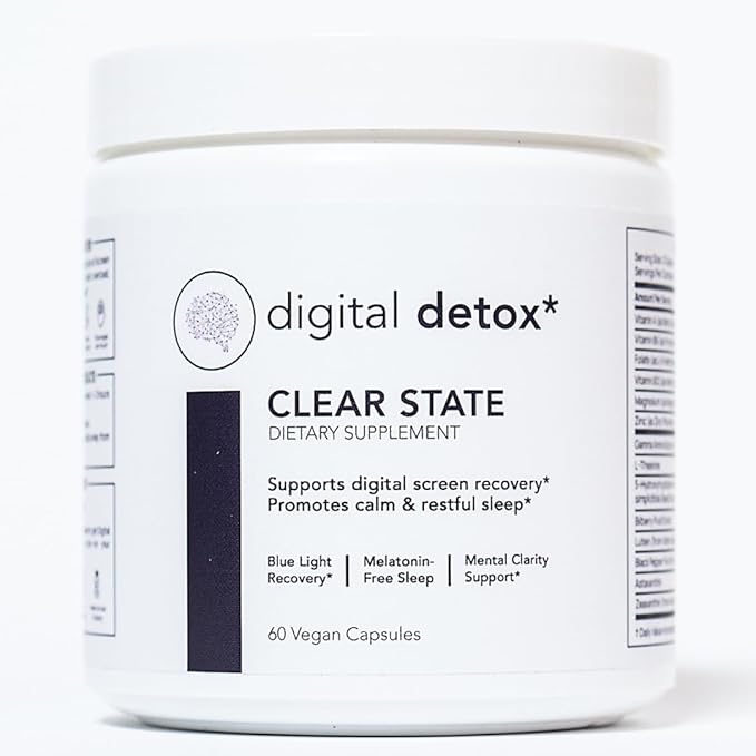CLEAR STATE Digital Detox Eye Health and Screen Recovery Support - L-Theanine, GABA, 5-HTP, Lutein and Zeaxanthin Supplement, Astaxanthin, Bilberry, B12 - Vegan Meltonin Free Eye Vitamins