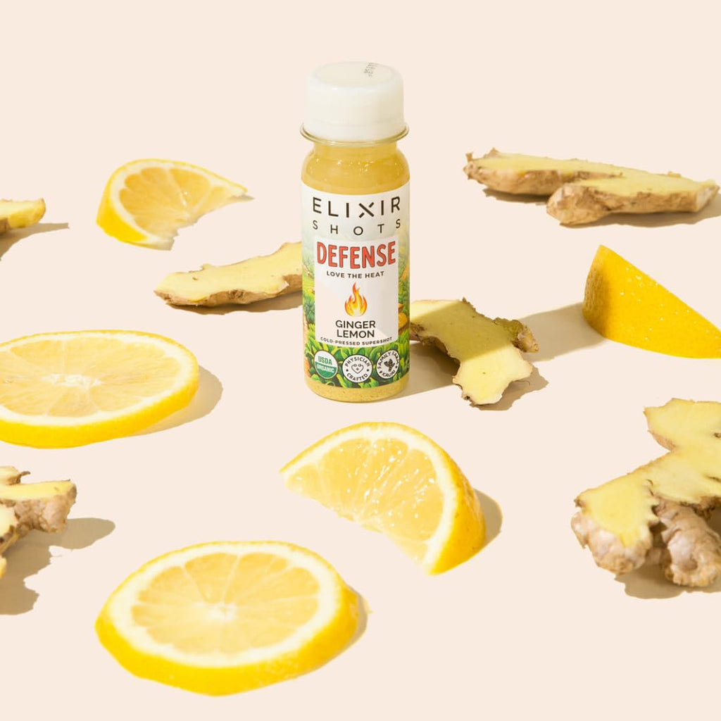 Elixir Shots, Ginger Lemon Wellness Shot with 100% Cold-Pressed Organic Ingredients, No Added Sugars or Artificial Ingredients, Defense Supershot, 12-Pack