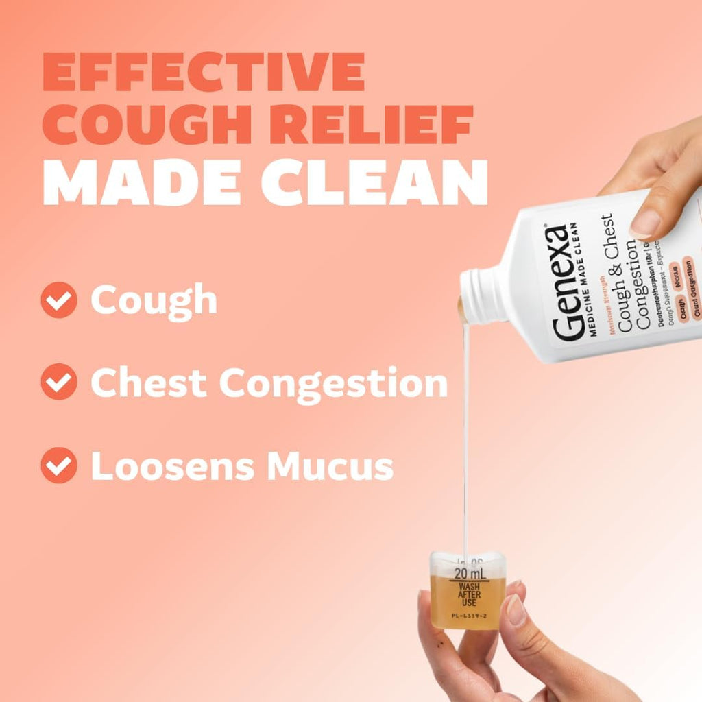 Genexa Clean Cough & Chest Congestion Relief, Dye Free, 0% Artificial Additives, Multi-Symptom Maximum Strength Relief Cough Syrup, Cough Suppressant & Expectorant, Organic Blueberry Flavor, 6 fl oz