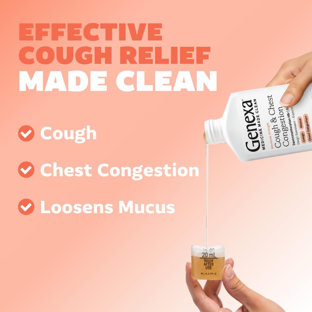 Genexa Clean Cough & Chest Congestion Relief, Dye Free, 0% Artificial Additives, Multi-Symptom Maximum Strength Relief Cough Syrup, Cough Suppressant & Expectorant, Organic Blueberry Flavor, 6 fl oz