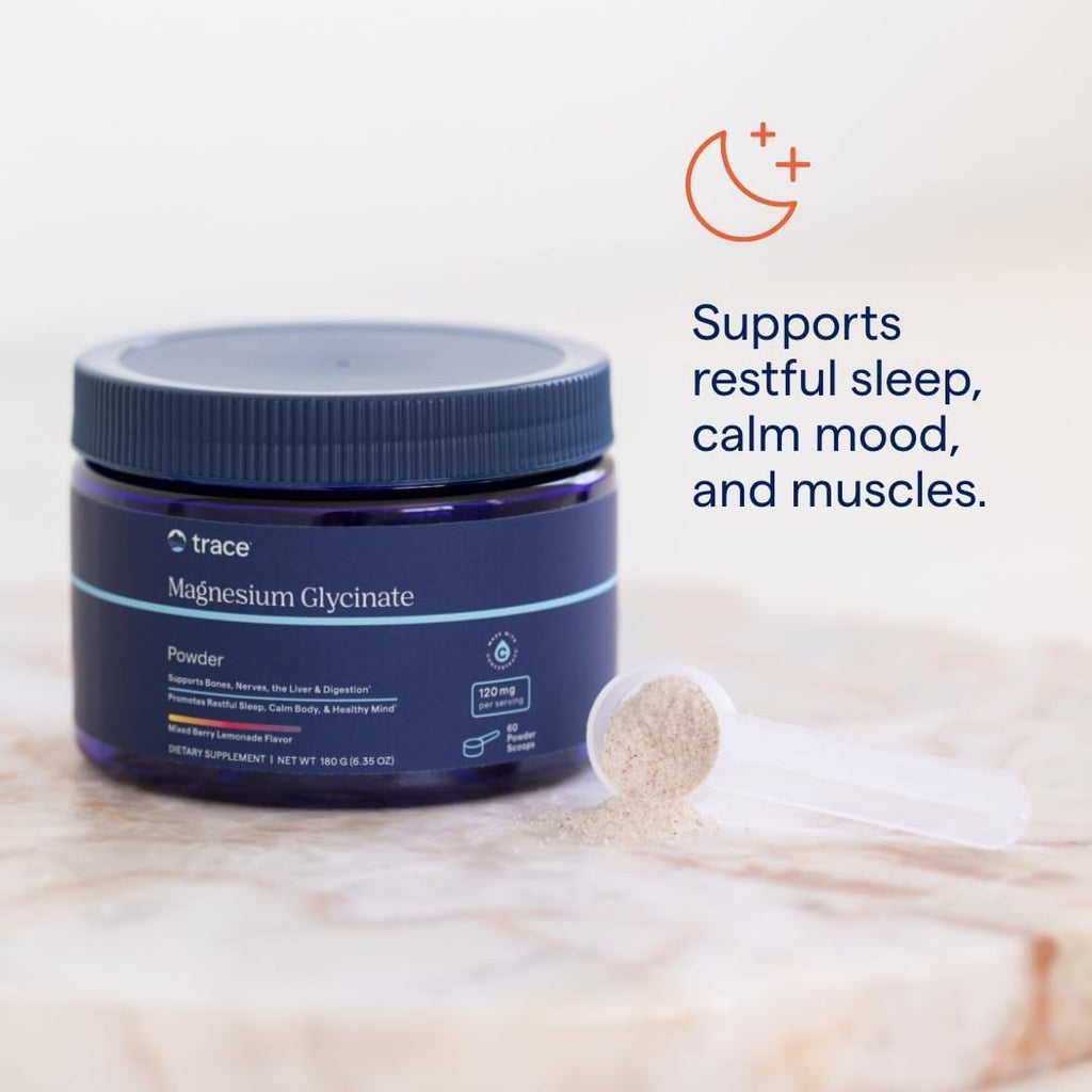 Trace Minerals Magnesium Glycinate Powder - Daily Magnesium Powder for Sleep Support - Calming Bedtime Drink - Natural & Gentle - Mixed Berry Lemonade - 180g (60 Servings)
