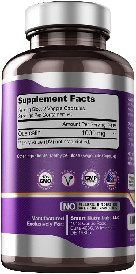 Smart Nutra Labs Quercetin 1000mg- 180 Vegan Capsules, 100% Pure Quercetin Supplement- Non-GMO, Gluten Free, Third Party Tested