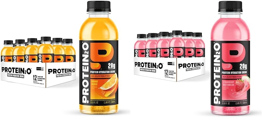 Bundle of Protein2o 20g Whey Protein Isolate Hydration Drink, Orange Mango, 16.9 oz (12 Count) + Protein2o 20g Whey Protein Isolate Hydration Drink, Strawberry Watermelon, 16.9 oz (12 Count)
