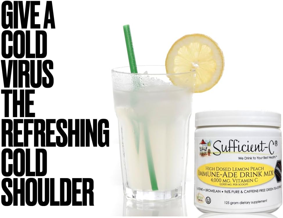 Sufficient-C High Dose Non-GMO Vitamin C Lemon Peach Immune-Ade Drink Mix, Convenient 125 Gram Size w/L-lysine, Bromelain & a Premium 96% Pure Green Tea Extract - Stomach Friendly, Adrenal Supportive