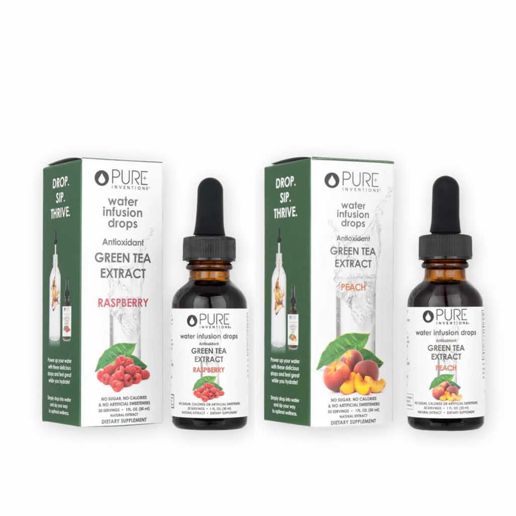 Pure Inventions - Green Tea Raspberry & Peach Water Infusion Drops -Antioxidants & Electrolytes -Health & Wellness -Immune Support -Sugar Free, Zero Calorie, No Artificial Sweeteners -30 Servings Each