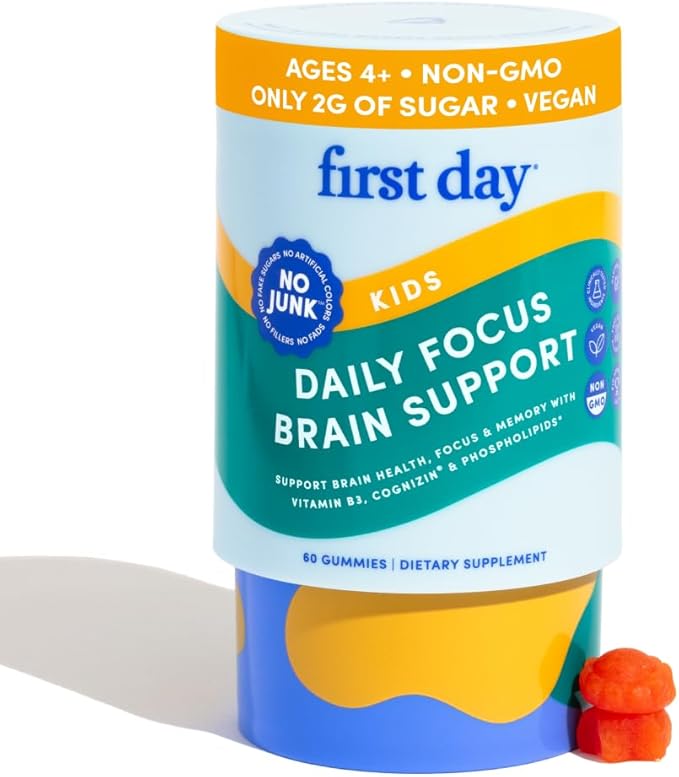 FIRST DAY Kids Focus & Brain Supplement Gummies Ages 4+ | Attention & Calm Support with Cognizin® Citicoline & Phosphatidylserine | Organic, Vegan | 30-Day Supply