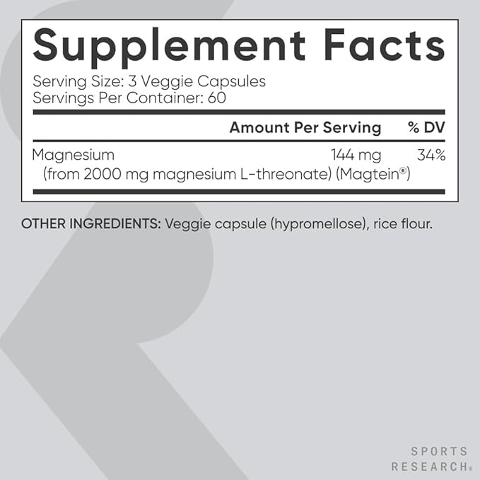 Sports Research® Magnesium L-Threonate Capsules 2000mg - High-Absorption Magtein® for Enhanced Brain Health, Memory, Focus & Restful Sleep Support - Vegan · Non-GMO · Gluten Free - 180 Count