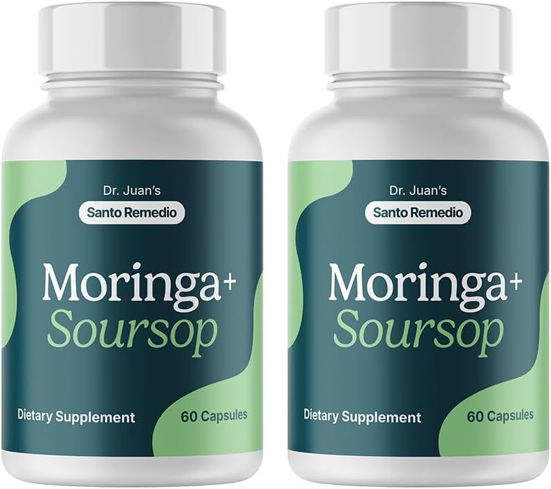 Santo Remedio Moringa and Soursop, Dietary Supplement, Supports Overall Health and The Immune System, 2 Bottles of 60 Capsules, 60 Servings, Gluten-Free, Non-GMO, No Added Sugar.