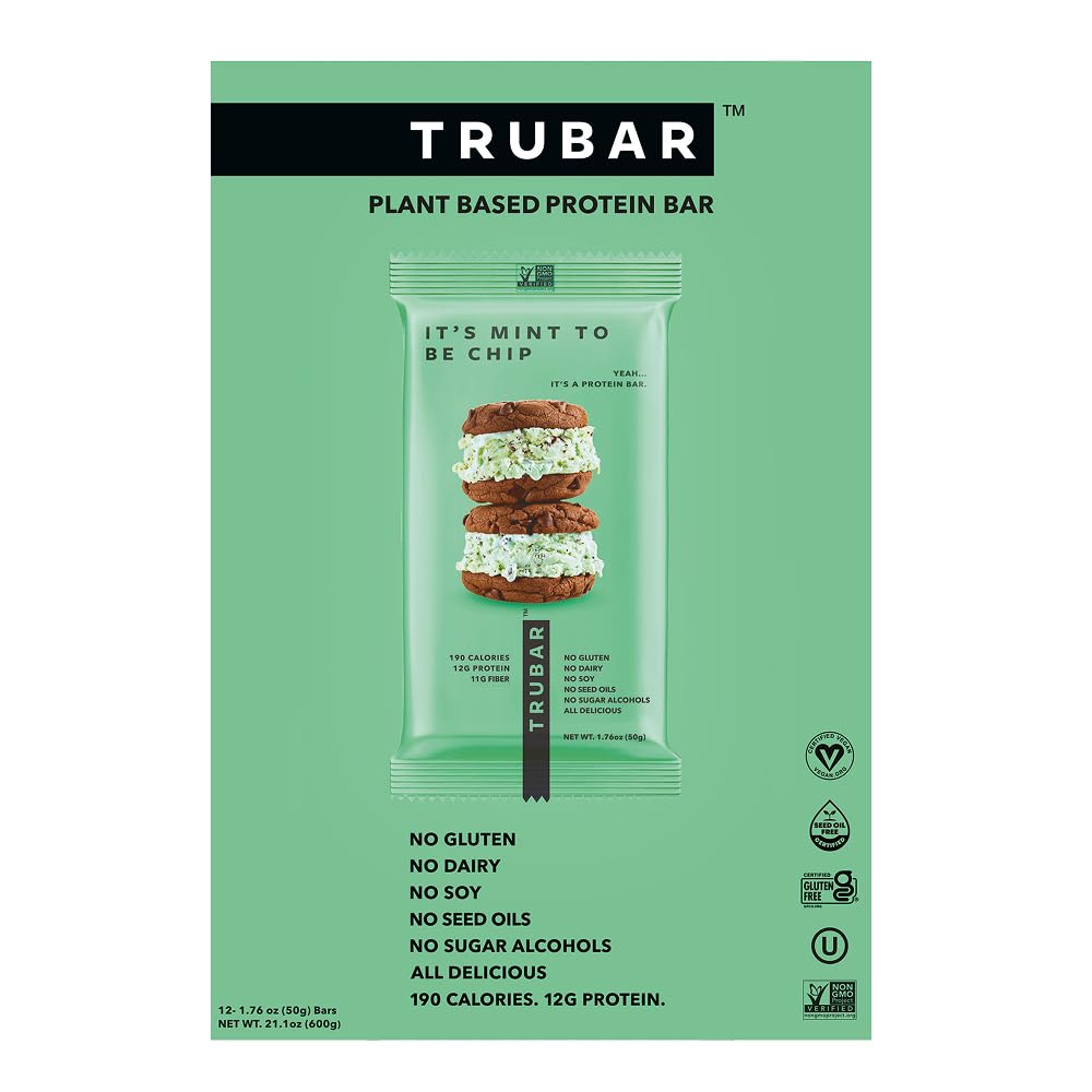 TRUBAR Vegan Protein Bars - Soy Free, Dairy Free, Gluten Free Protein Bars - No Sugar Alcohols - Non-GMO - 12g of Protein - It's Mint To Be Chip - 12 Count