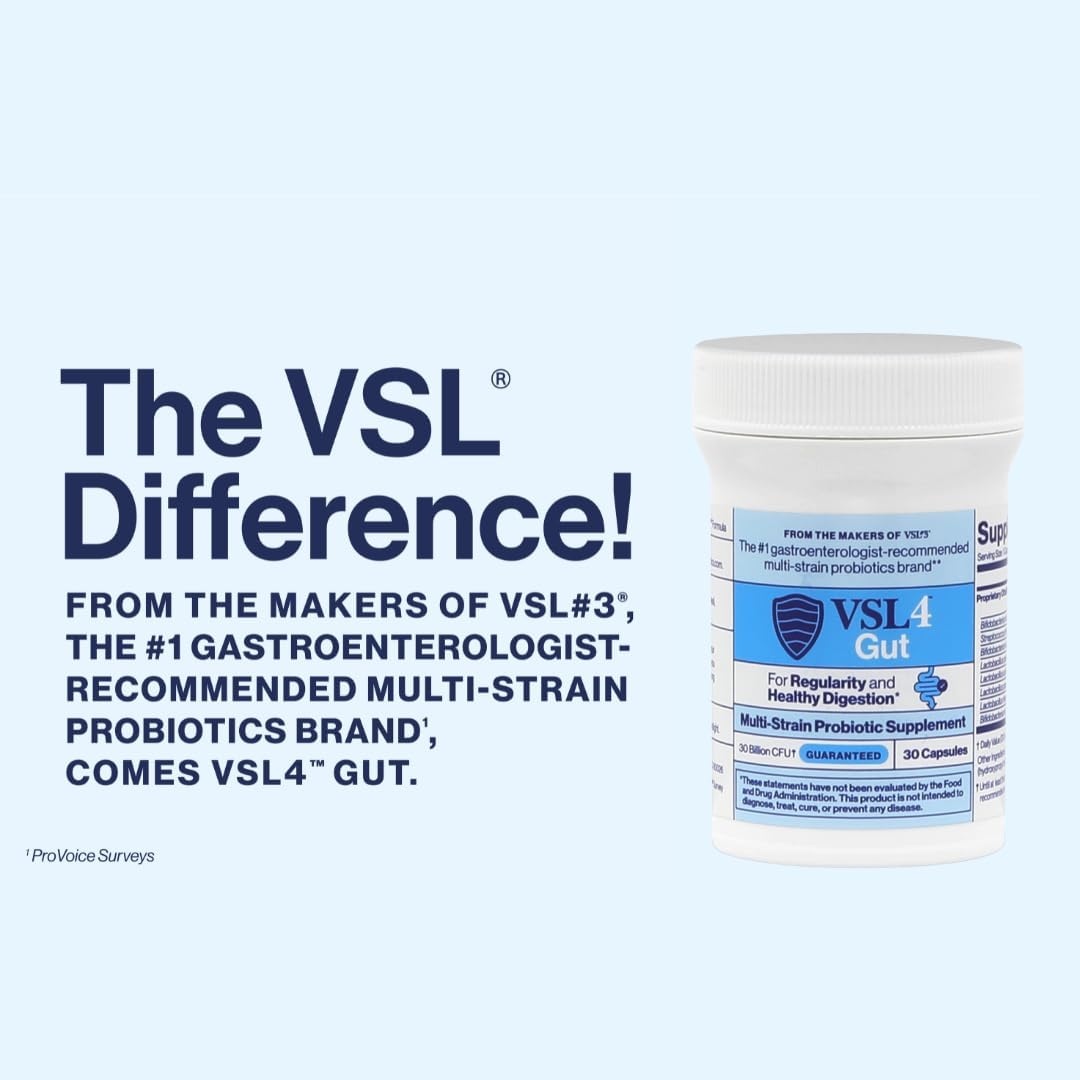 VSL4® Gut Daily Probiotics for Gut Health - 30B CFUs, Multi-Strain Digestive Support for Women & Men, Promotes Gut Balance & Regularity, Potent, Shelf-Stable Probiotic Supplement, 30 Capsules