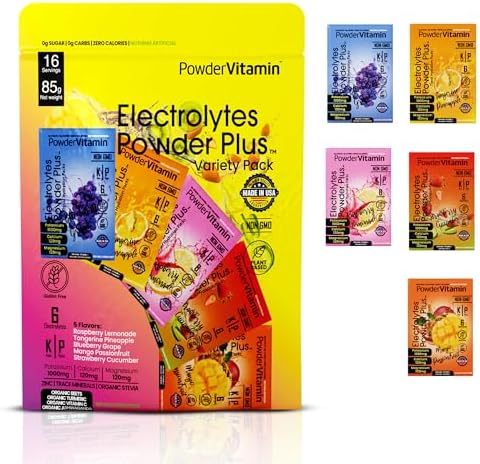 PowderVitamin Electrolytes Powder Plus, Keto, Variety Pack B, Sugar Free, Pink Himalayan Salt, 1000mg Potassium, 120mg Calcium, 120mg Magnesium, Non-GMO, Zero Calories, (16 Hydration Packets)