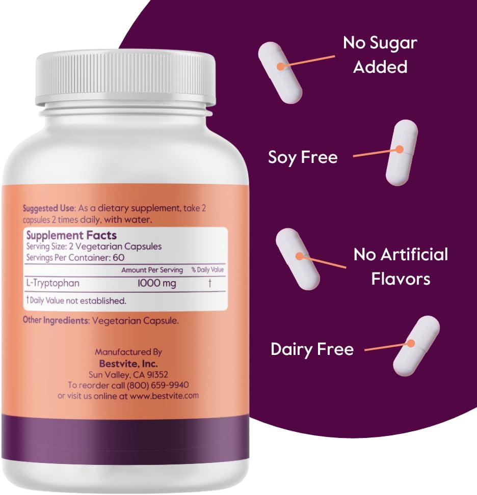 BESTVITE L-Tryptophan 500mg per Capsule (120 Vegetarian Capsules) - No Stearates - No Silica - No Gelatin - Vegan - Gluten Free - Non GMO