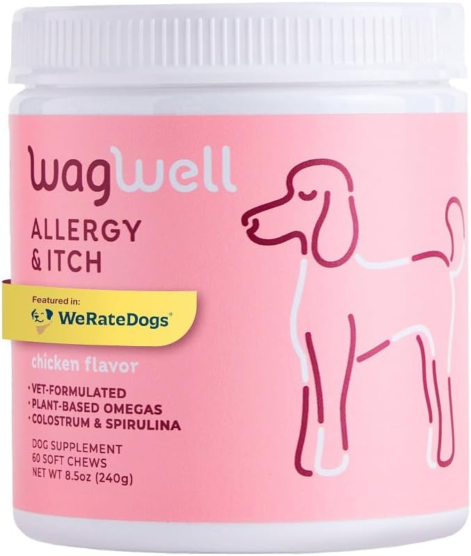 WagWell Allergy & Itch Chews – Vet-Formulated, All Natural, Made in The USA – Plant-Based Dog Allergy Chews with Colostrum and Spirulina – Supports Dog Allergy Relief and Digestive Health, 60 Chews