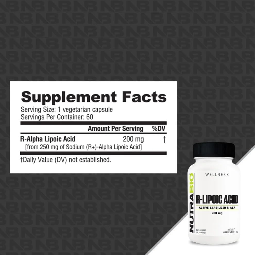 NutraBio R-Lipoic Acid Supplement, 200mg –Active Stabilized R-ALA Supplement- Optimized Alpha Lipoic Acid Formula for Better Absorption to Support Health and Wellness- 60 Capsules