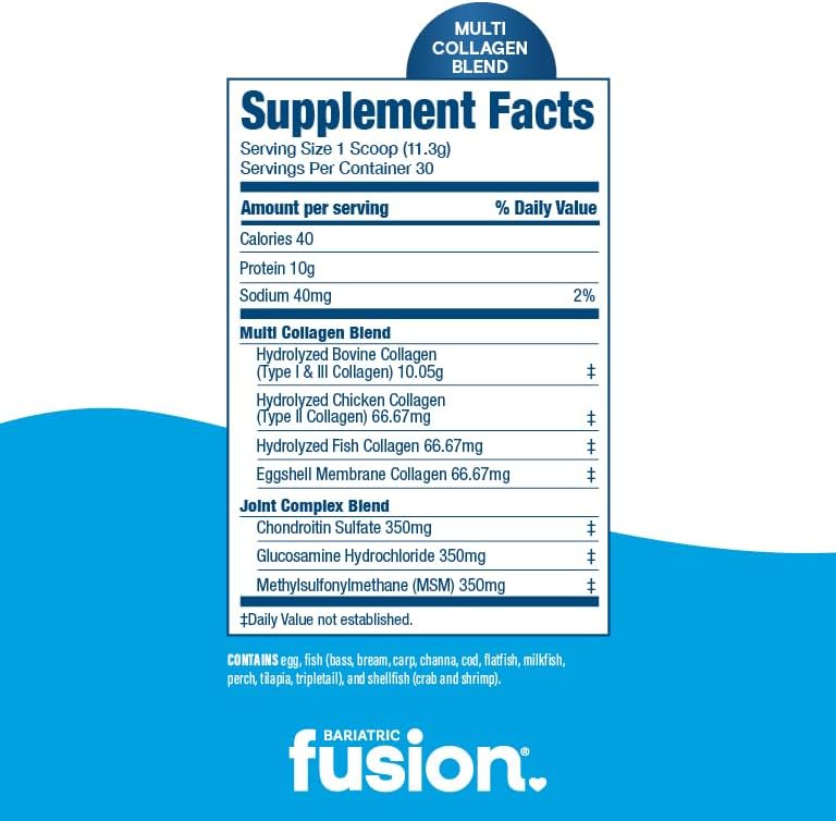 Bariatric Fusion Unflavored Multi Collagen Protein Powder | Hydrolyzed Collagen Peptides Powder Plus Joint Support Complex of MSM and Glucosamine | Type 2 | Dairy, Gluten & Soy Free | 30 Servings