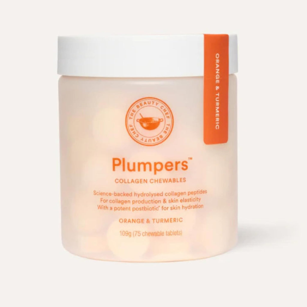 The Beauty Chef Plumpers™ Collagen Chewable Tablets with Hyaluronic Acid & Postbiotic, Supports Skin Elasticity & Collagen, Women's Multivitamin, Collagen Peptides, 75 Tablets (Orange & Turmeric)