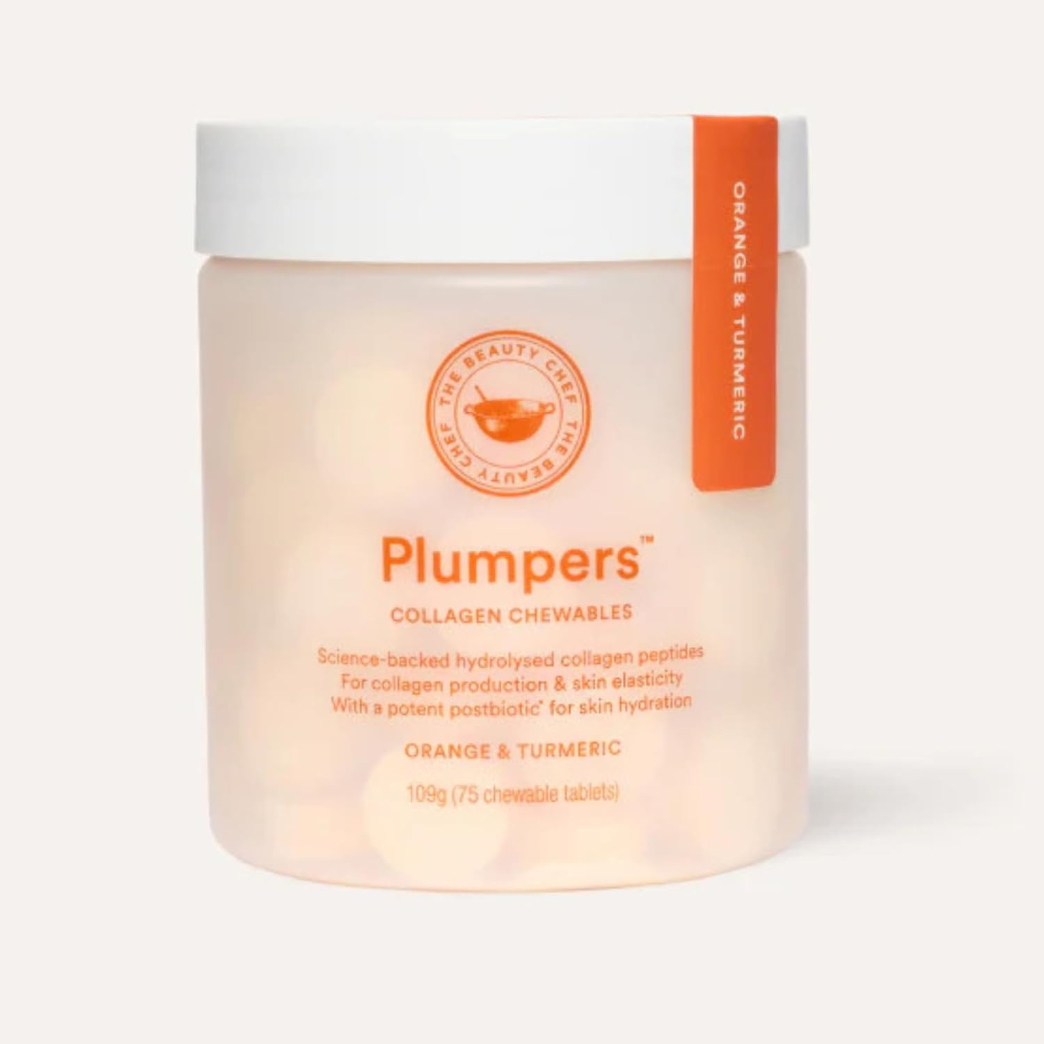 The Beauty Chef Plumpers™ Collagen Chewable Tablets with Hyaluronic Acid & Postbiotic, Supports Skin Elasticity & Collagen, Women's Multivitamin, Collagen Peptides, 75 Tablets (Orange & Turmeric)