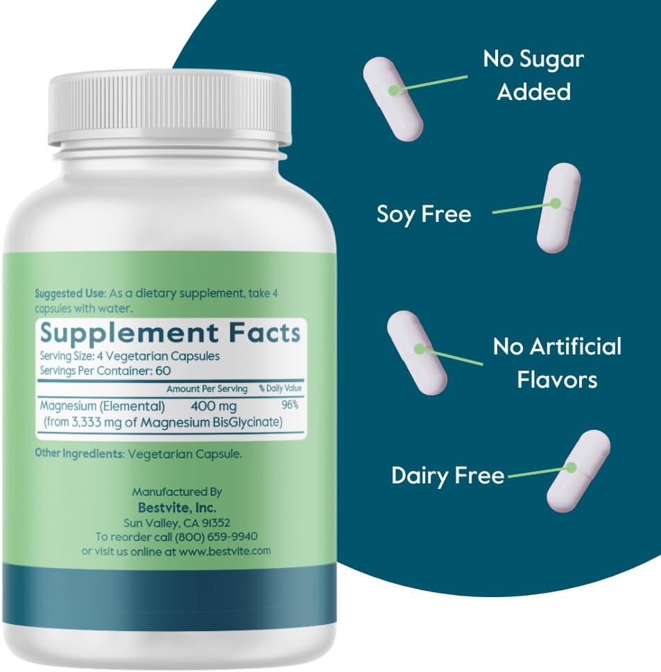 BESTVITE Filler-Free Magnesium Glycinate - 400mg of Magnesium per Serving (240 Veg Caps)- Chelated Bisglycinate for Muscle, Relaxation, Stress & Sleep Support* - For Men & Women - No Stearates - Vegan