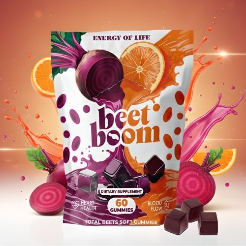 Orange & Beet Root Gummies – Nitric Oxide Booster for Energy & Circulation – Heart Health Beets Chews with Orange – Vegan Beetroot Supplement for Cardiovascular Support – Tasty Power Beet Chews