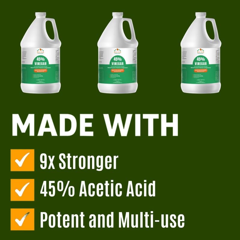 45% Vinegar Concentrated | White Vinegar for Cleaning and Garden | Home, and Outdoor Pure | Max Performance 9X Power | with Instructions (8 Gallons/ 1024 fl oz)