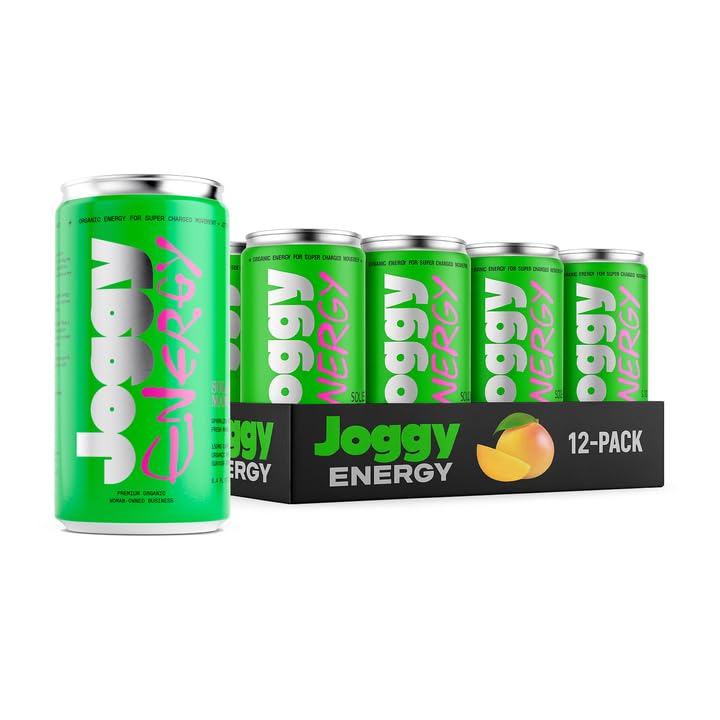 Joggy Organic Energy Drink | Solar Mango (12 Pack) | Zero Sugar Pre Workout Energy Drink for Men & Women | Plant-Based, Gluten Free, Vegan, Non-GMO, Ready to Drink | Non-Jittery Focus Drink