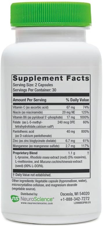 NeuroScience Adrenal Support Supplements for Men & Women - ExcitaPlus - Extra Strength Rhodiola & L Tyrosine Supplement - Help Reduce Fatigue & Encourage Healthy Cortisol (60 Capsules)