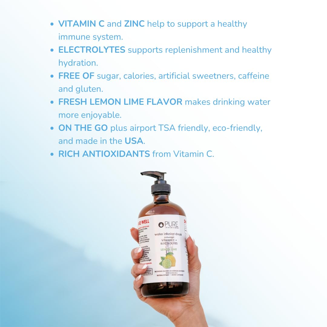 Pure Inventions - Lemon Lime Water Infusion Drops - Antioxidants, Vitamin C & Electrolytes - Health & Wellness Drink -Immunity Support -Sugar Free, Zero Calorie, No Artificial Sweeteners -500 Servings
