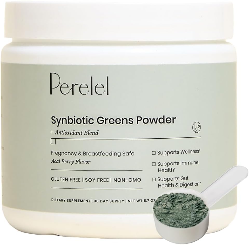 Perelel Synbiotic Greens Powder, Superfood Blend with Fruits, Vegetables, Probiotics, Fiber, Spirulina & Chlorella, Daily Greens Supplement, Soy & Gluten Free, Non GMO, Acai Berry Flavor, 30 Servings